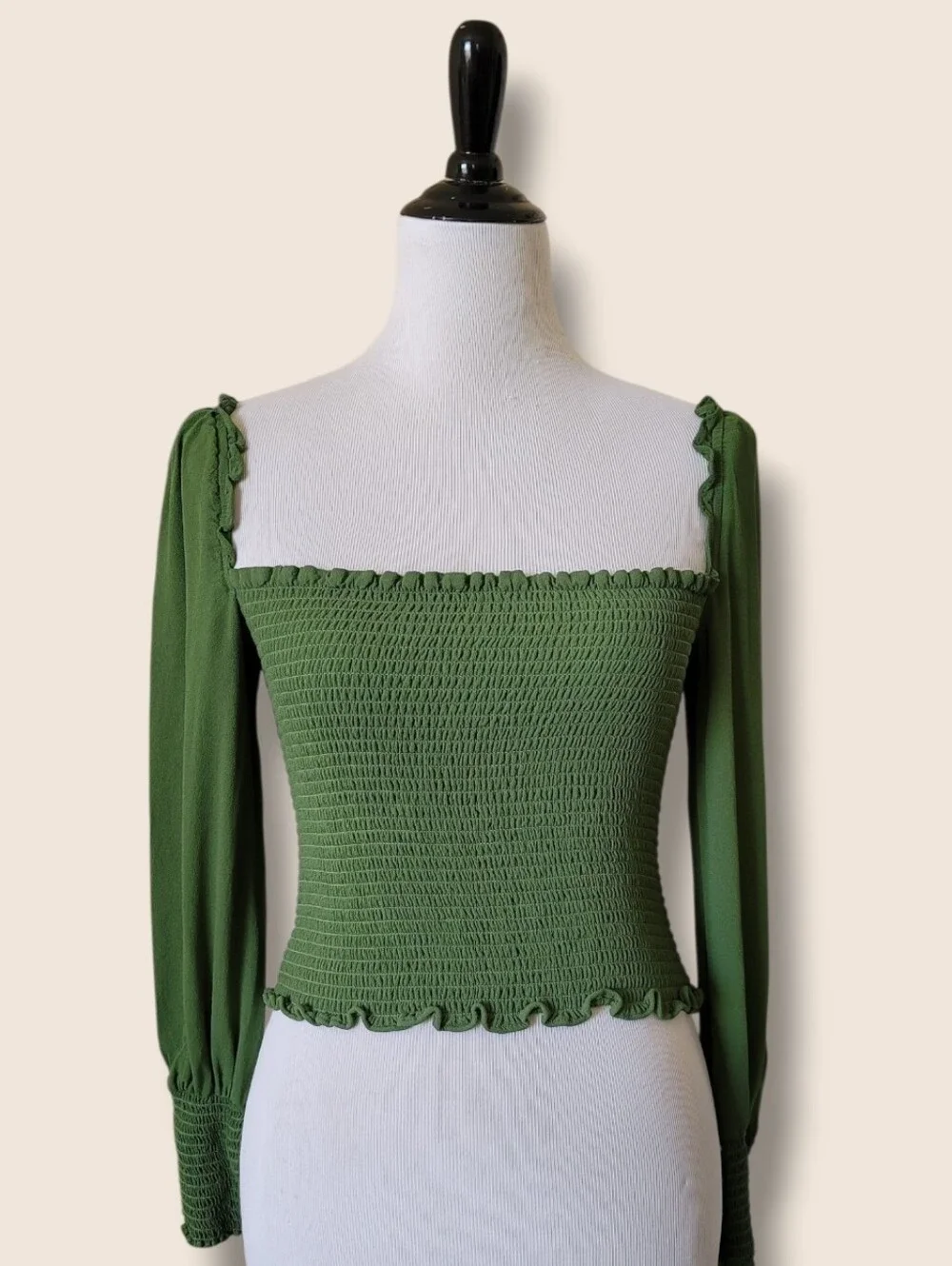 Reformation Pinto Smocked Long Sleeve Puffy Blouse Amsterdam Green S